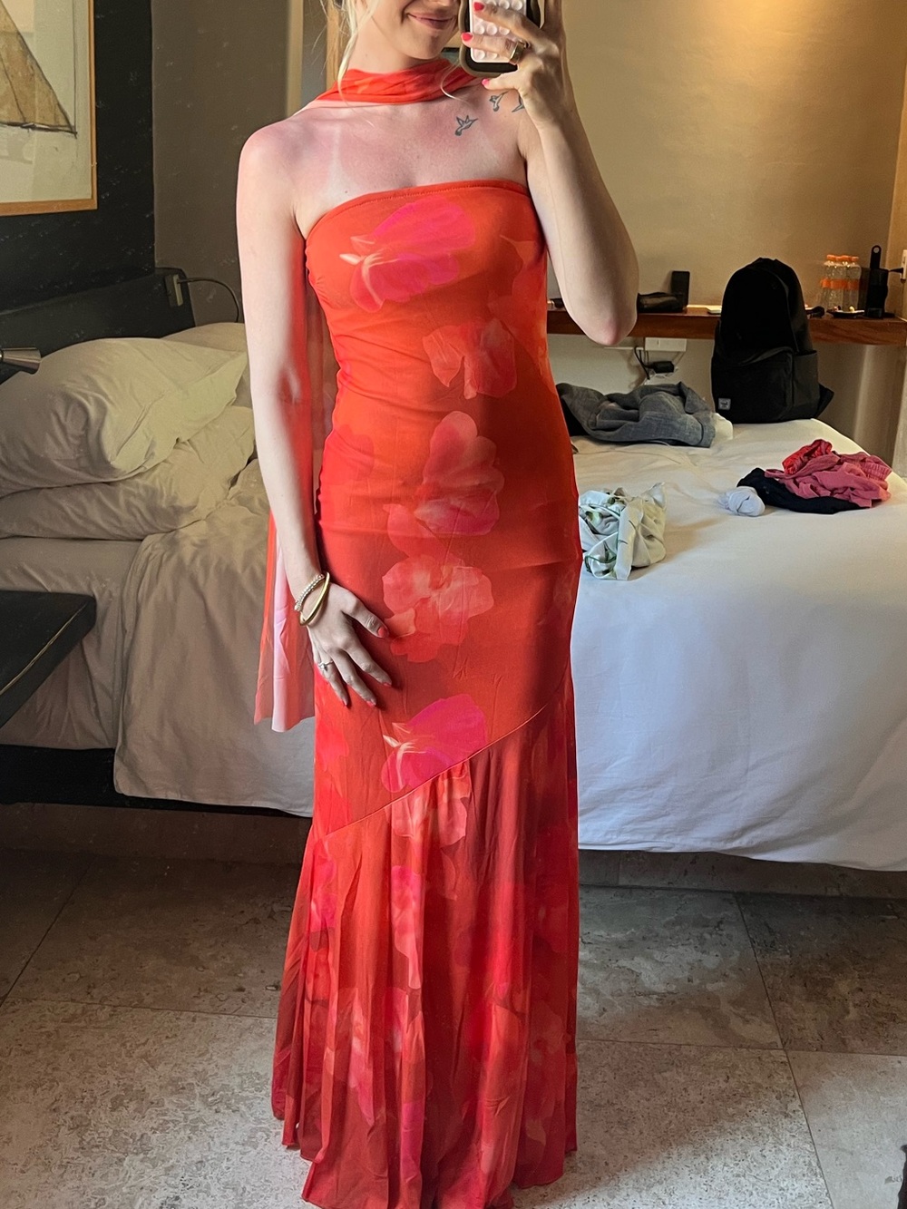 Strapless Red Floral Evening Dress
